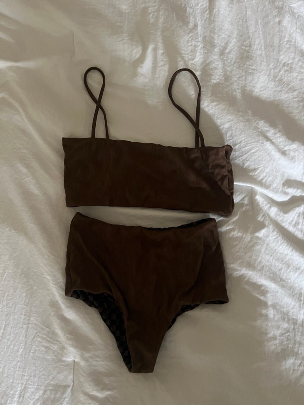 Women’s Brown Ribbed High-Waist Bikini Set
